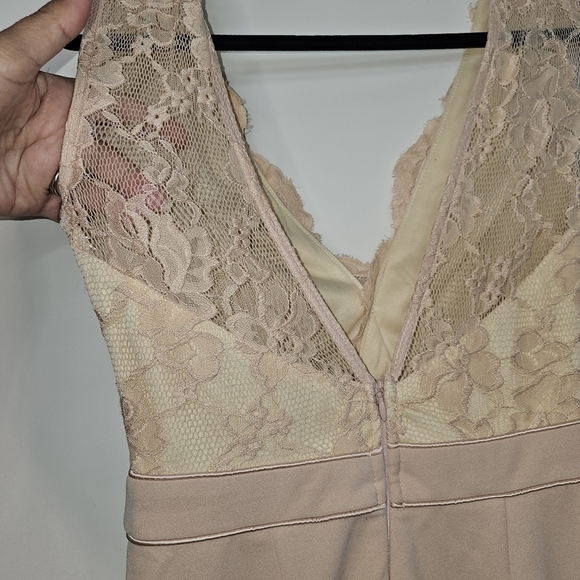 Maniju Blush Beige Scalloped V Neck Lace Sleeveless Top Side Slit Maxi Dress S - Picture 7 of 13